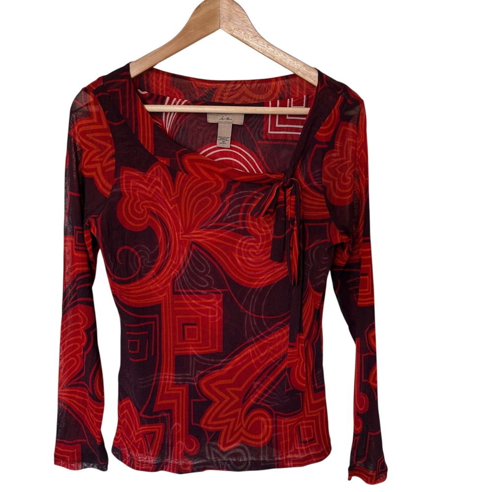 I.e. Womens Mesh Sheer Swirl Geo Print Long Sleeve Tie Neck Top M Y2K‎